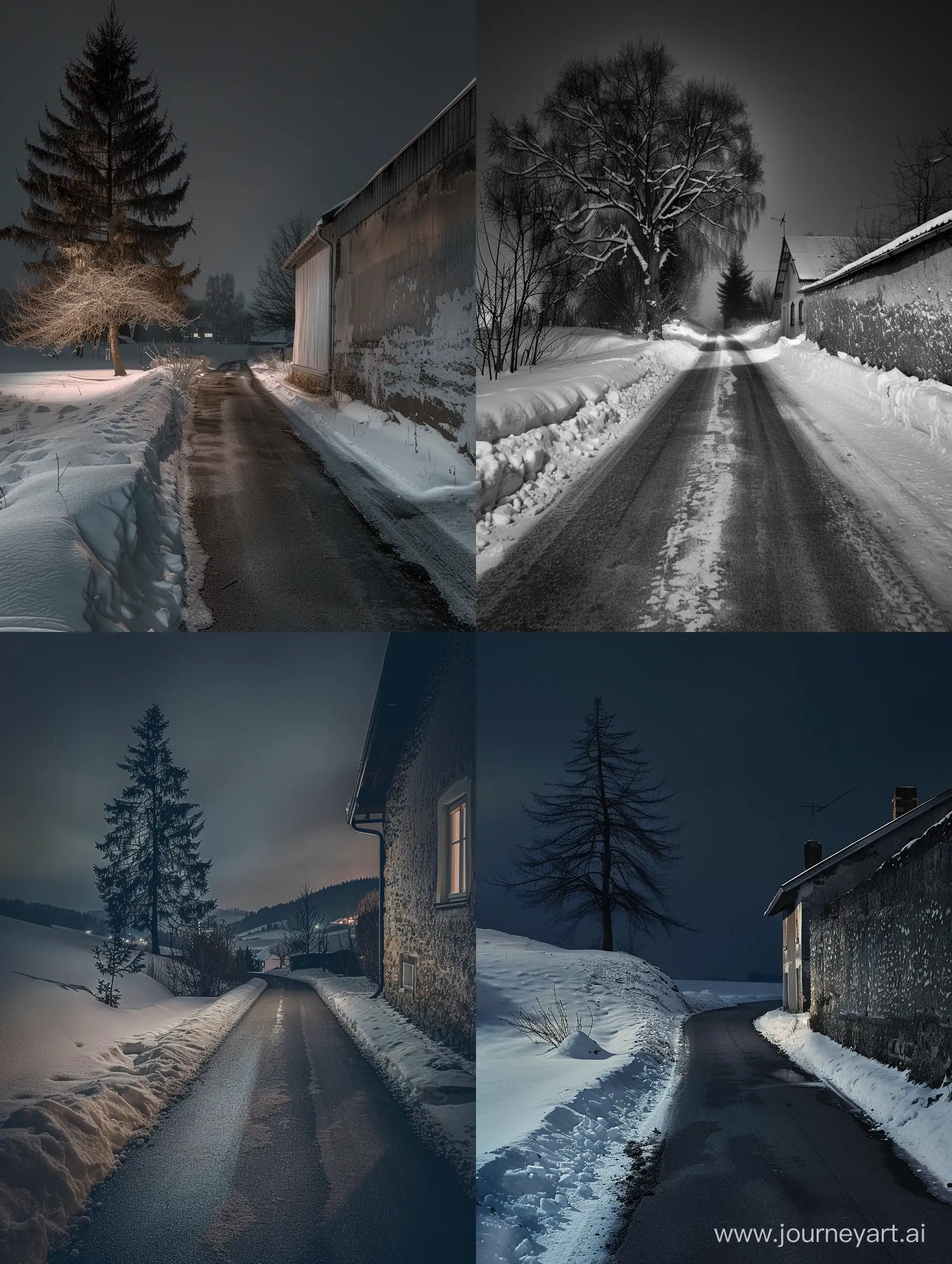 Асфальтовая узкая дорожка, зима, ночь, справа стена дома, слева небольшое заснеженное пространство, слева стоит одинокое дерево, пейзаж угнетающий