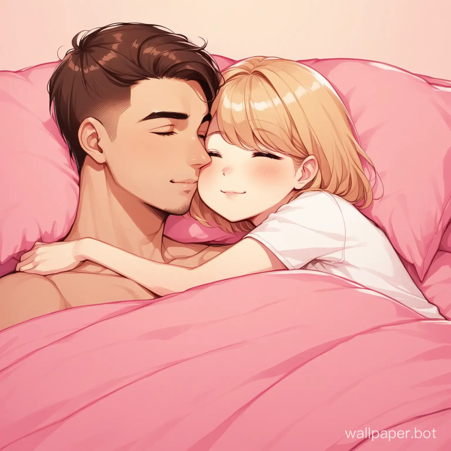 cute little mousy blondish brownish haired girl cuddling cute tall mexican (no hat) fade haircut man snuggles romantically in pink bed