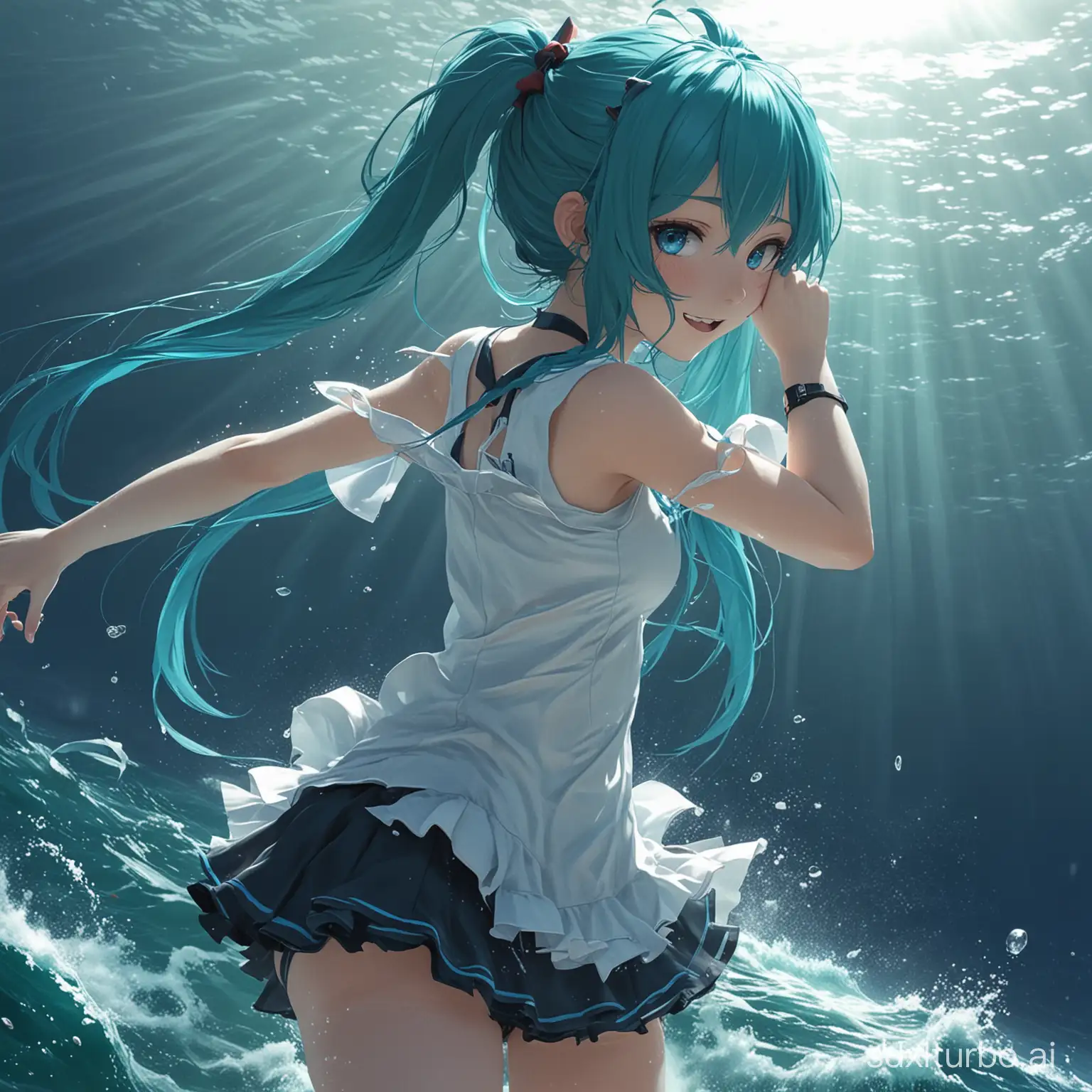 in the deep sea a girl blue double ponytail
Miku falling into the sea