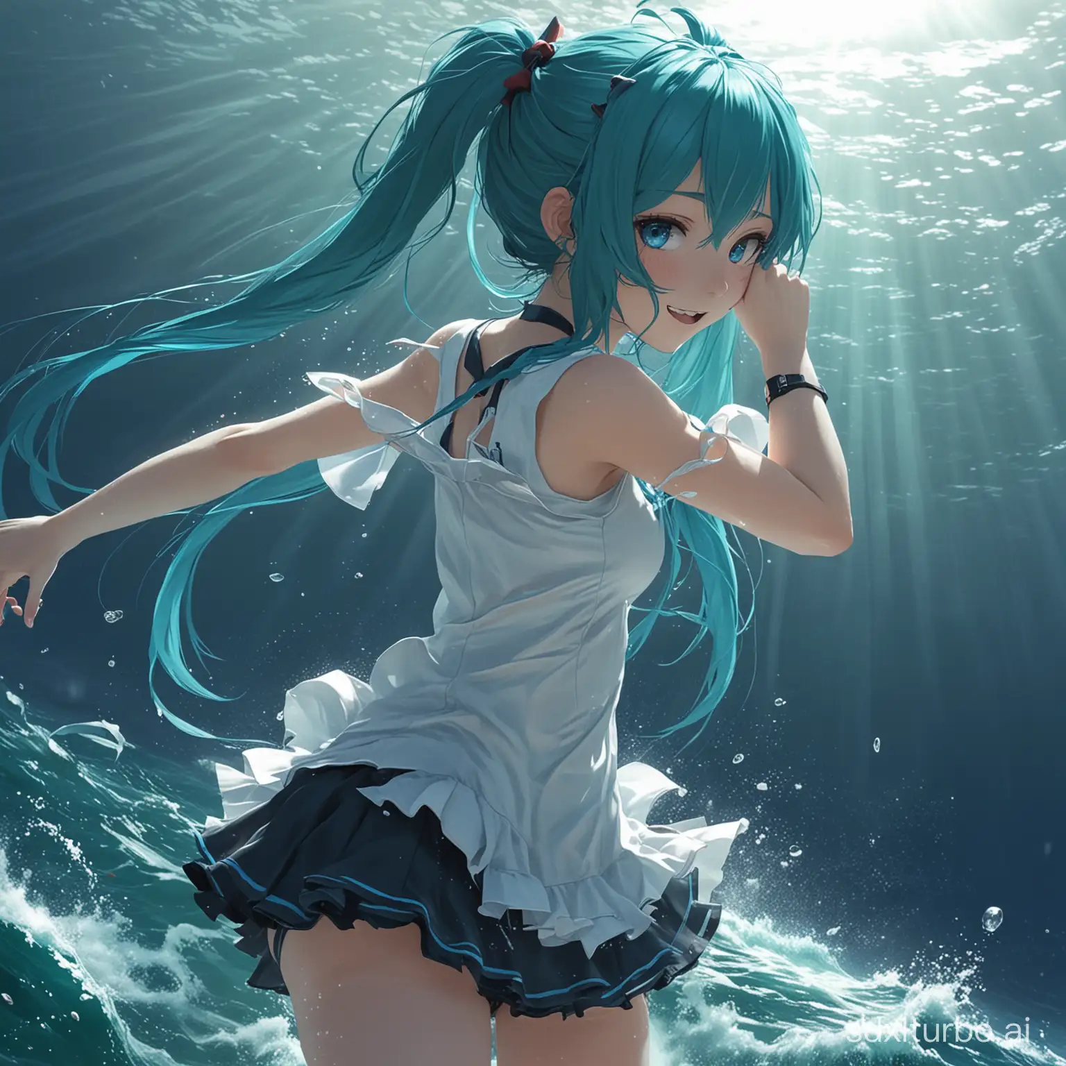 in the deep sea a girl blue double ponytail
miku falling into the sea