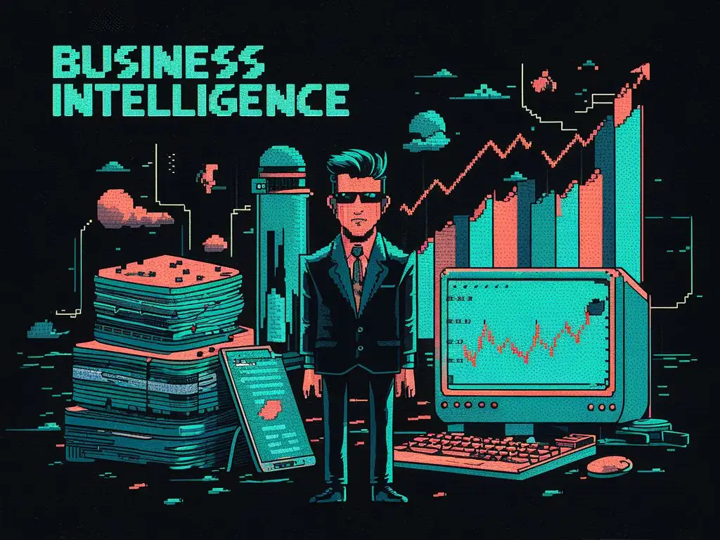 заставка в стиле ретро игр, темный фон, тематика Business intelligence 