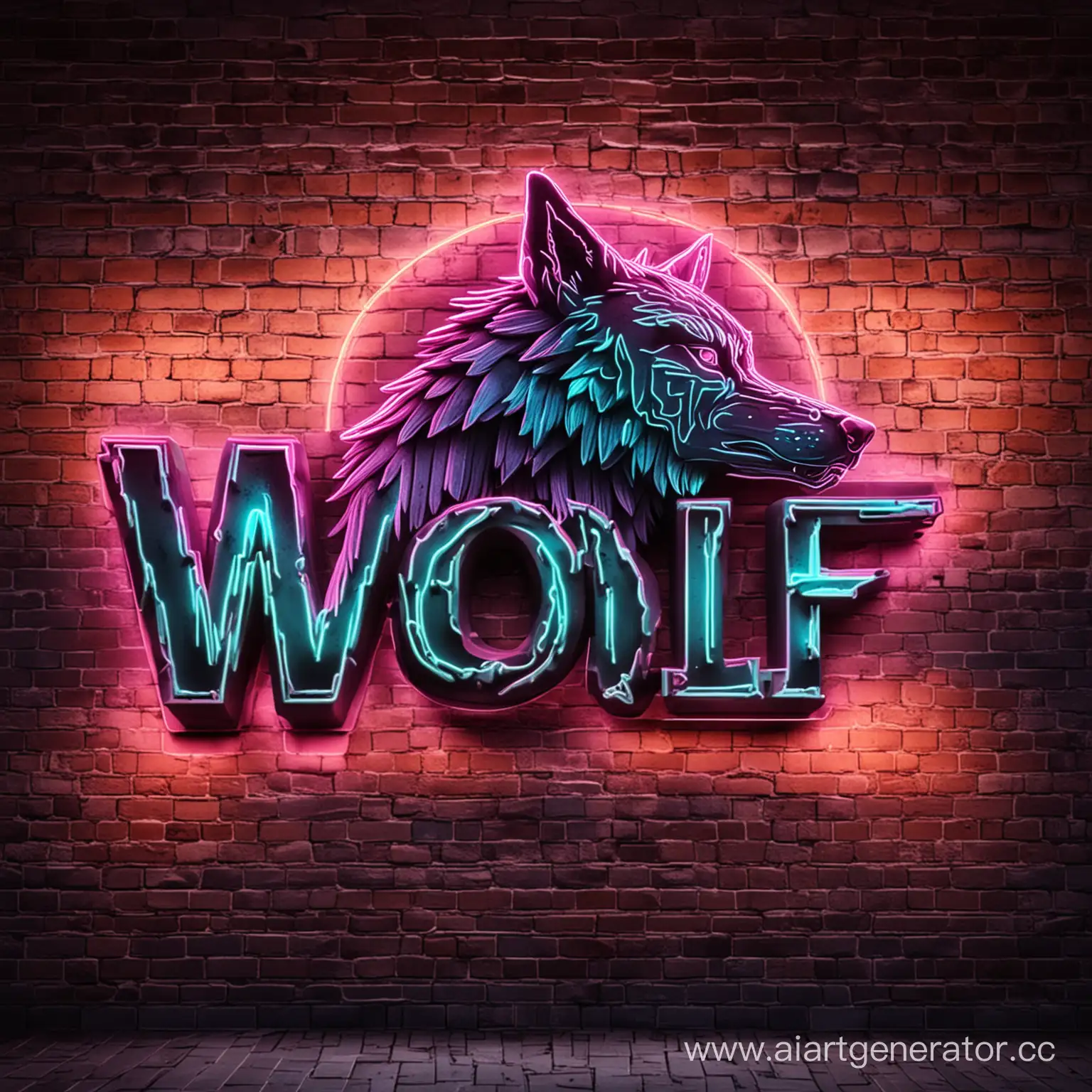 Надпись Wolf на кирпичной стене сделанное в стиле неон