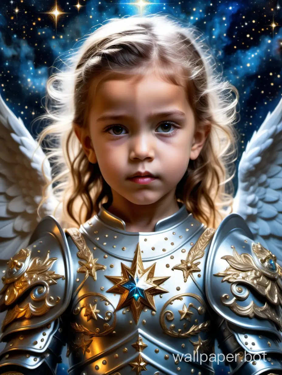painting ultrarealistic iluminated beautiful child warrior angel, peacefully face, macro camera zoomed on her face, hiperdetailed ornamental diamond armor, amazing hiperdetailed sword in hands, looking to sky, religious painting style , smoth star galaxy background
