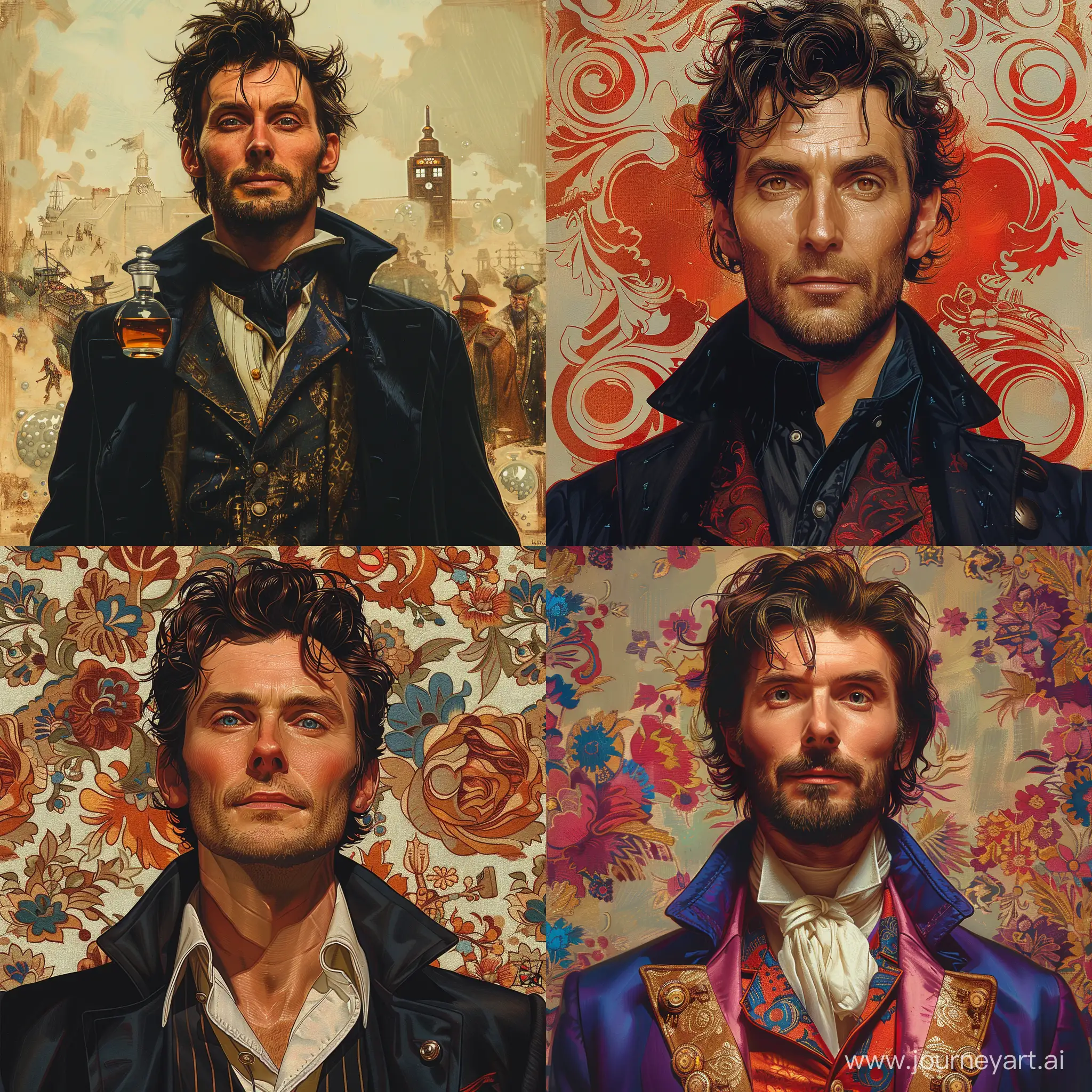 "Intricately detailed handsome David Tennant as Dr who from "Dr Who", Doctor Who with busy background, in style of Michael Kaluta, Aleksandr Kuskov, Christophe Heughe --stylize 750
