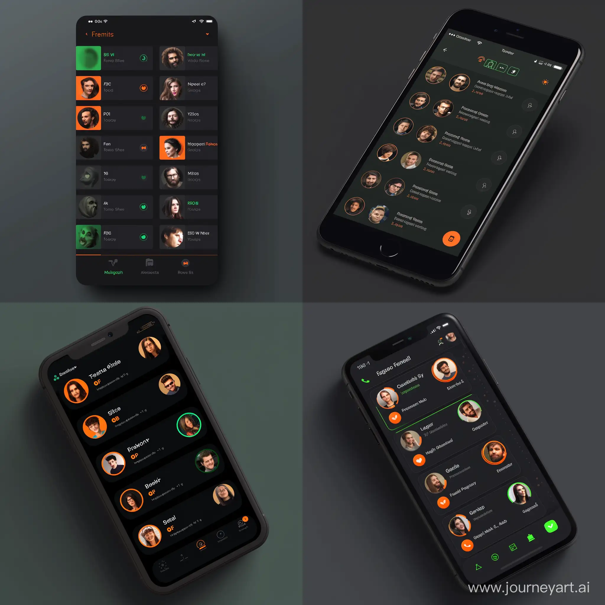 modern ios app list of friends with icons
main color - dark
color 1 - green
color 2 - orange
