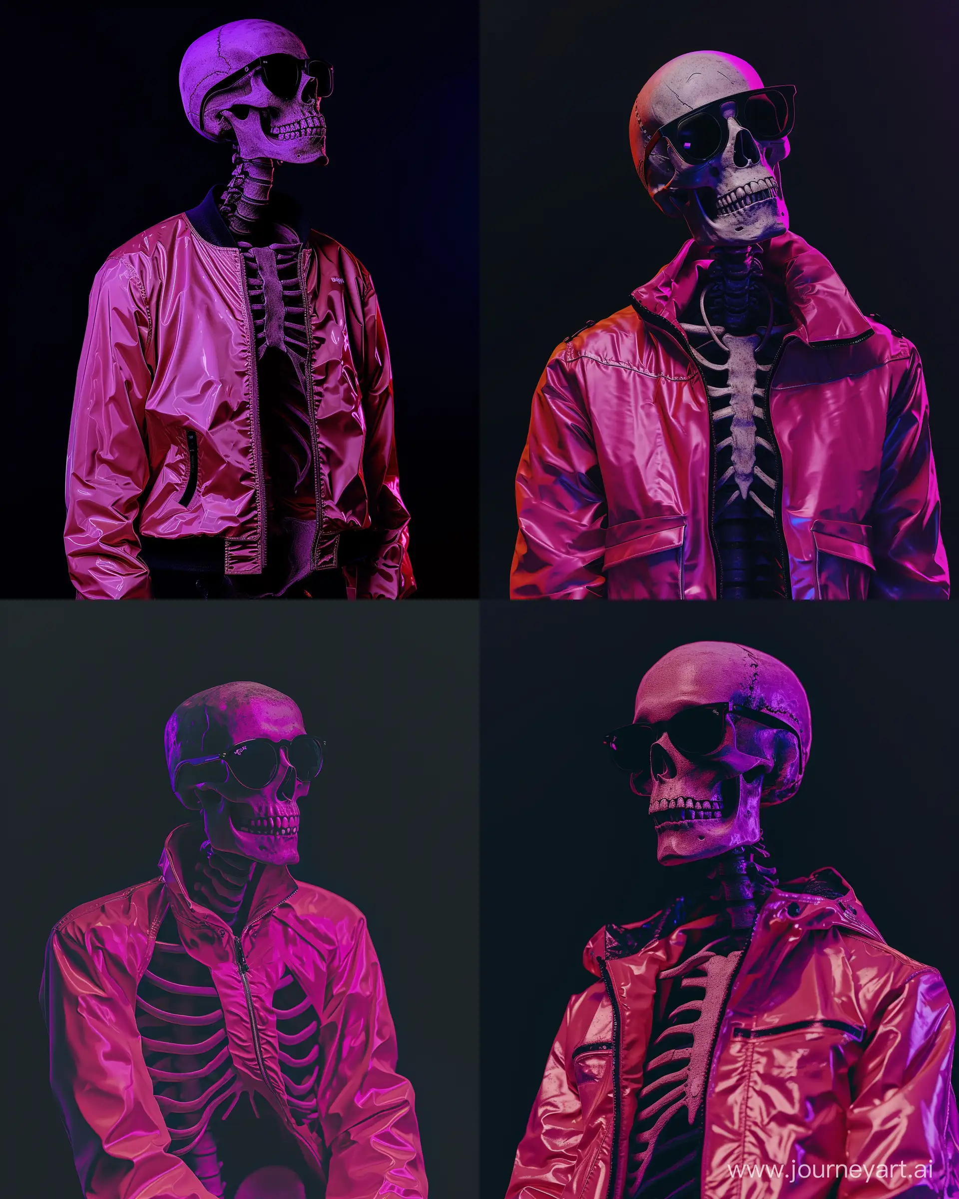 skeleton in a pink waterproof jacket and black sunglasses, black background with neon purple lighting, realism , full body photo ,intricate details --ar 4:5
