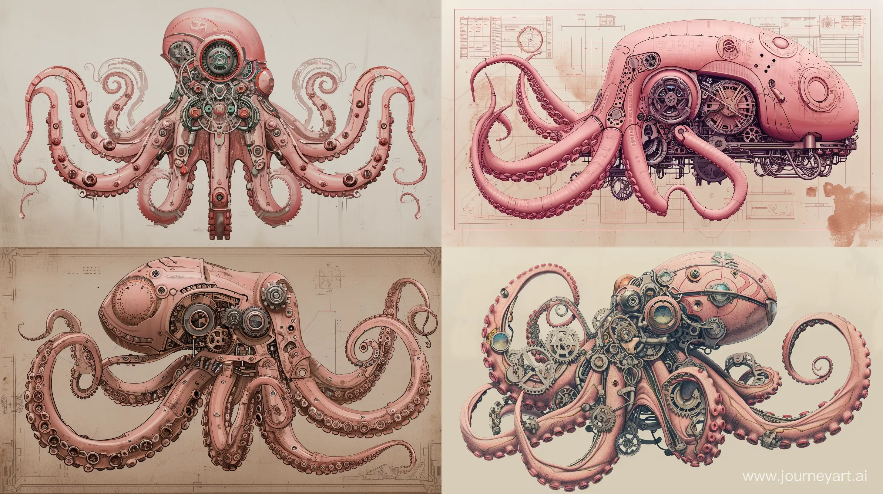 A (((technical drawing))) of a retro, pink, art deco-inspired ((octopus robot)) with intricate gears and mechanisms --ar 16:9 --style raw --v 6