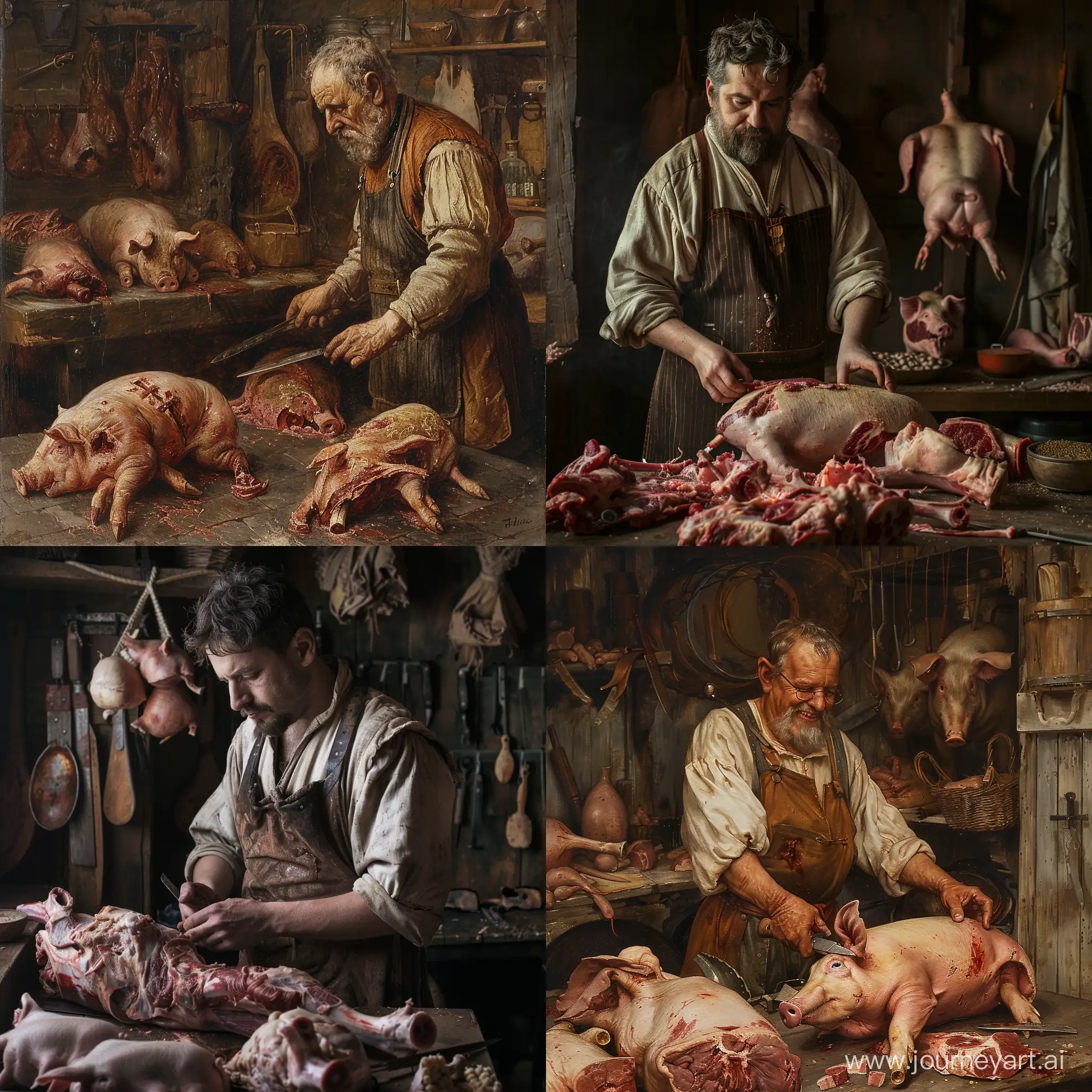 Medieval-Butcher-Dissecting-Pig-Carcasses-in-His-Shop