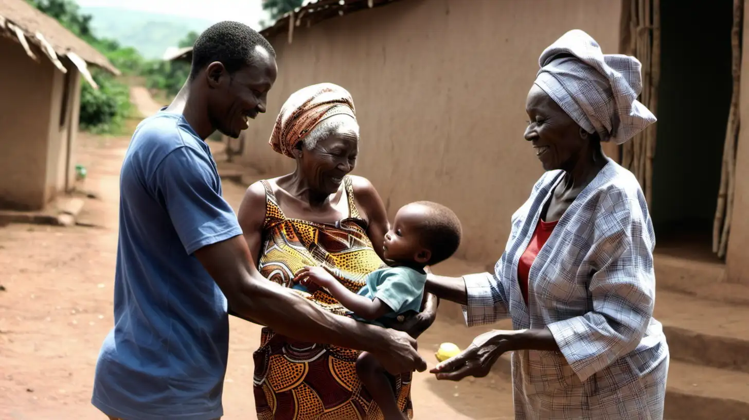A man and a woman handing over their young african kid to an old woman in the village