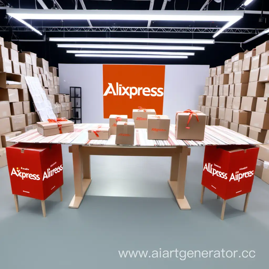 Студия Алиэкспресс по середине стоит стол с пакетами с Алиэкспресс