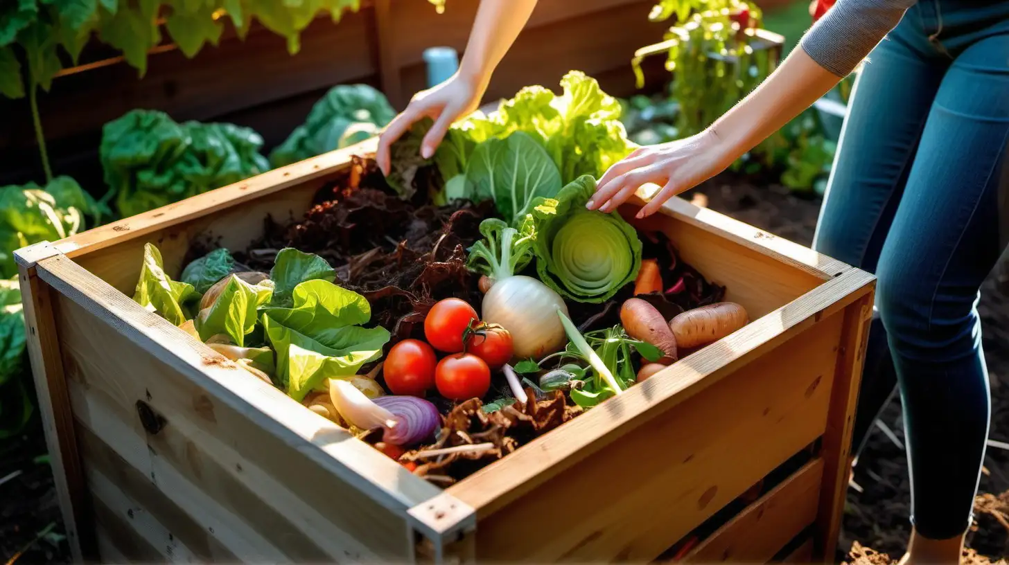 Women composting from food scraps,vegetable scraps in wooden box on backyard, sunlight