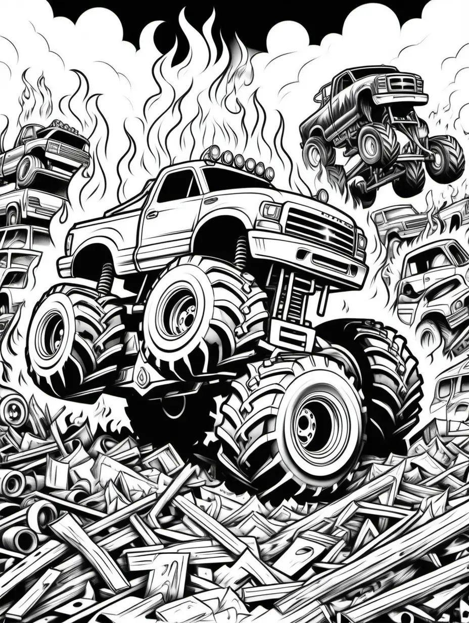 coloring pages for kids, large monster truck with painted flames  climbing over high large pile of junk car underneath fire in background, cartoon style, thick lines, low detail,  black and white, no shading --ar 85:110