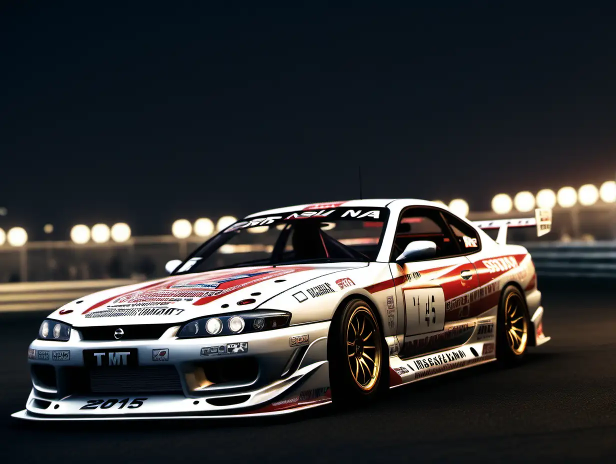 (cinematic lighting) 1 car Nissan Silvia 2.0 Sport (MT) S15 SPEC R year make 2004 with racing decals and sponsorship, drift racing track at the background, intricate details, hyper realistic photography,