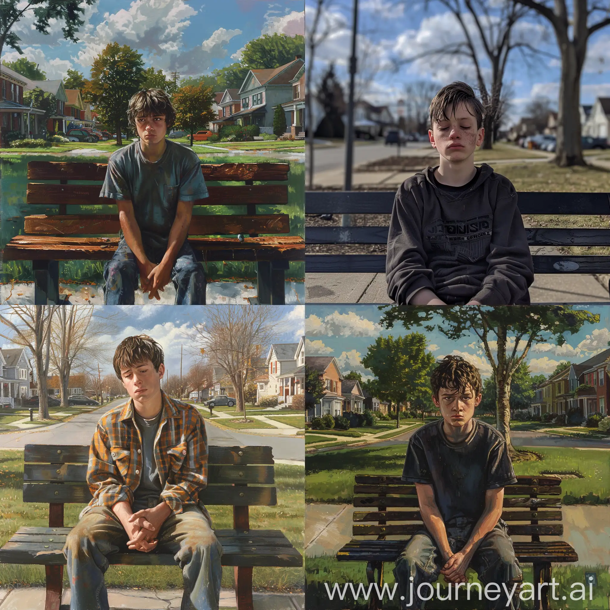 "A 23-year-old boy named John, looking worn-out and broke, sitting on a park bench in a suburban neighborhood."