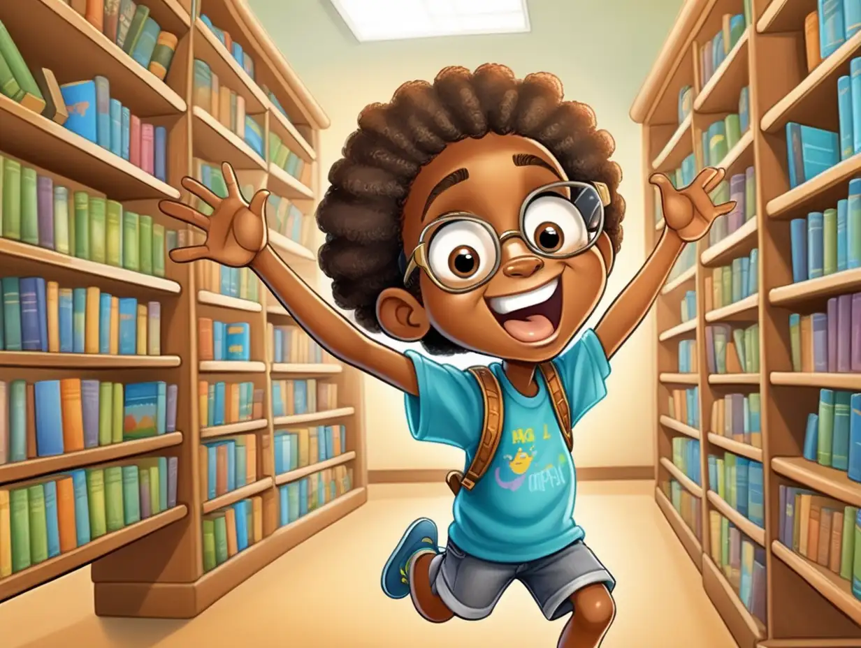 children's cartoon illustration african child excited at books inside the library