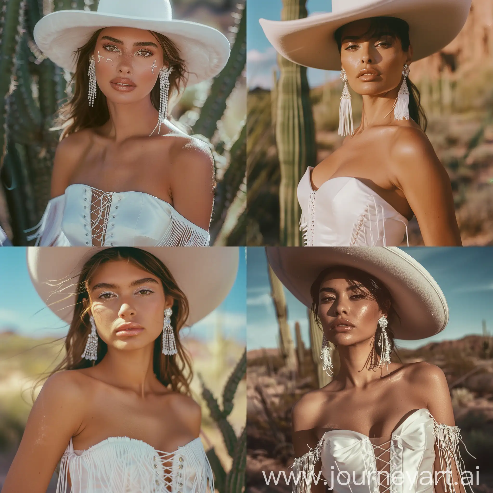 ⠀⠀⠀⠀
⠀⠀⠀⠀

beautiful woman, wedding, white dress, на голове прямая шляпа гаучо, бюстье-корсет из гладкого шёлка, белые нити и бахрома, серьги с кристаллами, сияние, close-up portrait, на фоне пустыня и кактусы,  внимание к деталям, высокая детализация, выразительные черты лица,  кадр в движении,  профессиональная съемка, film grain, высокое качество, vogue fashion illustration,  Polaroid, 1/250s, f/2.8, ISO100