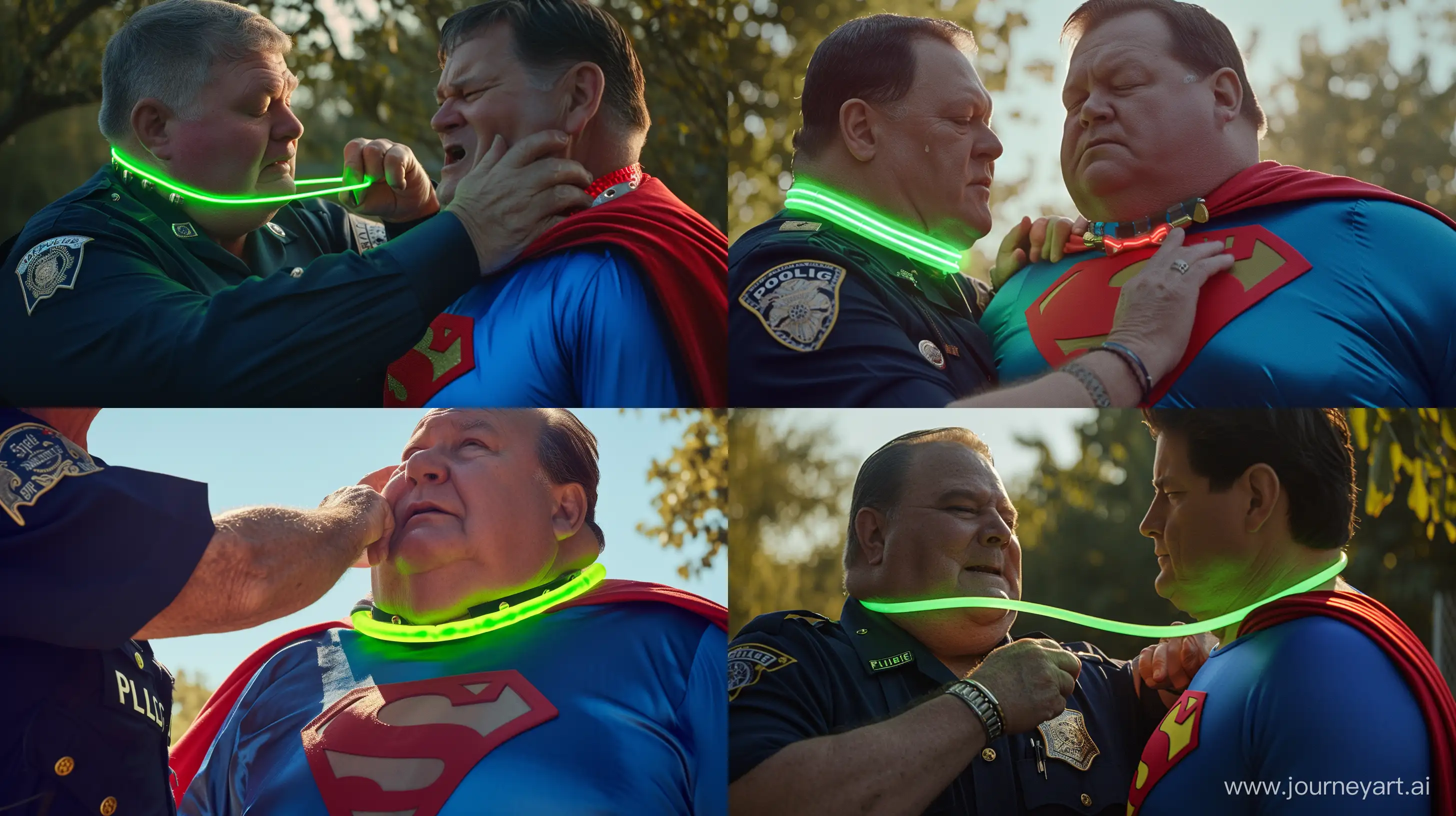 Close-up photo of a chubby man aged 60 wearing a silk navy police uniform. He is tightening a tight green glowing neon dog collar around the neck of a chubby man aged 60 wearing a tight blue silk 1978 superman costume with a red cape. Natural Light. Outside. --style raw --ar 16:9