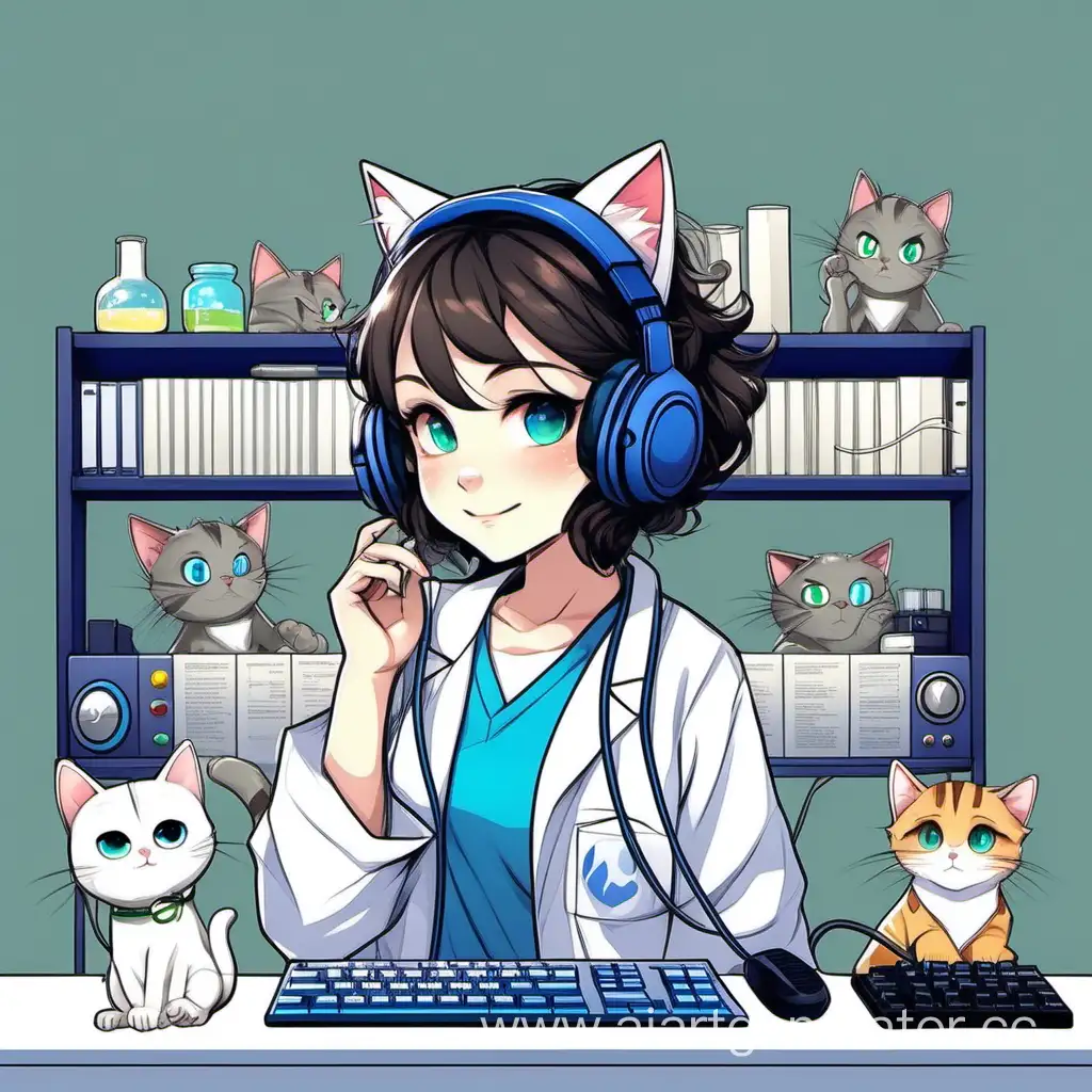 Девушка с короткими волнистыми волосами темного цвета химик-геймер в белом халате и синей футболке и в наушниках с ушками кошки


