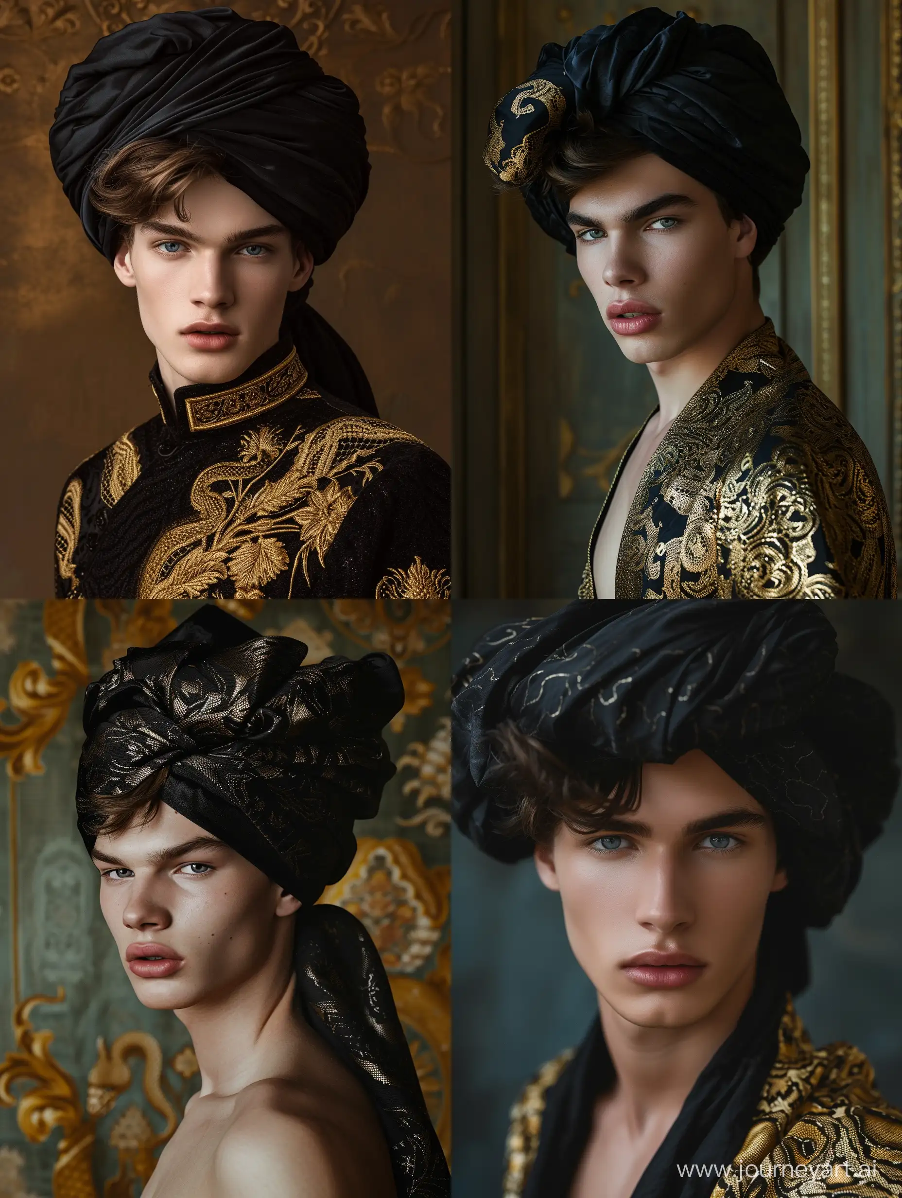 hyperrealistic dramatic photo of a handsome 20-year-old guy in a black oriental turban, oriental luxury, gold, snake