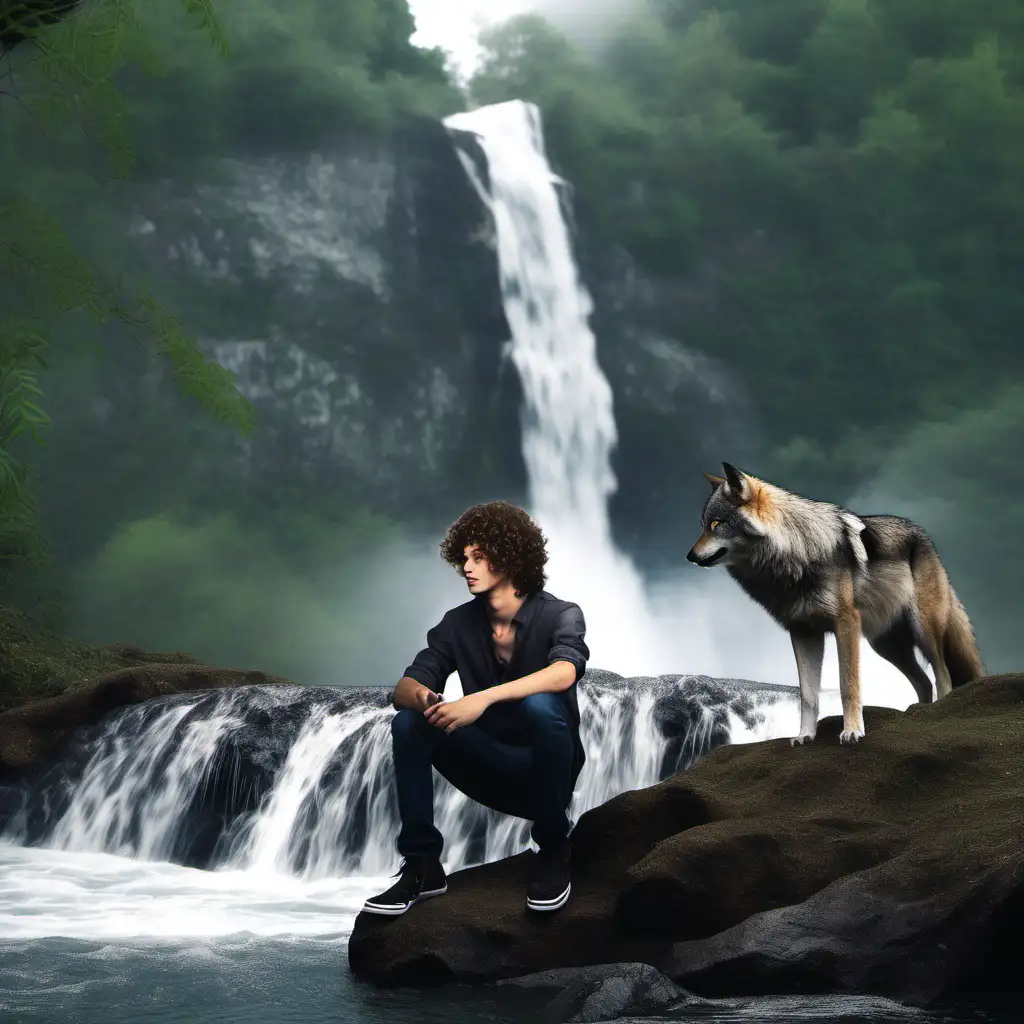 Enchanting Waterfall Encounter CurlyHaired Teen and Wolf
