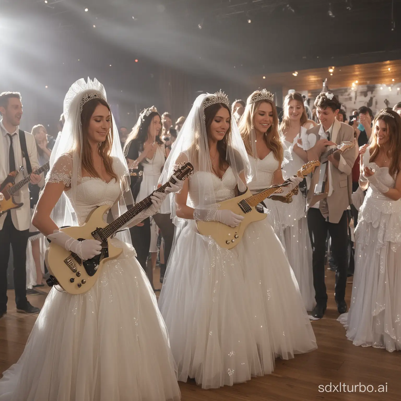Crowd of brides in veil and headdress and white gloves playing guitar together on stage and people filming