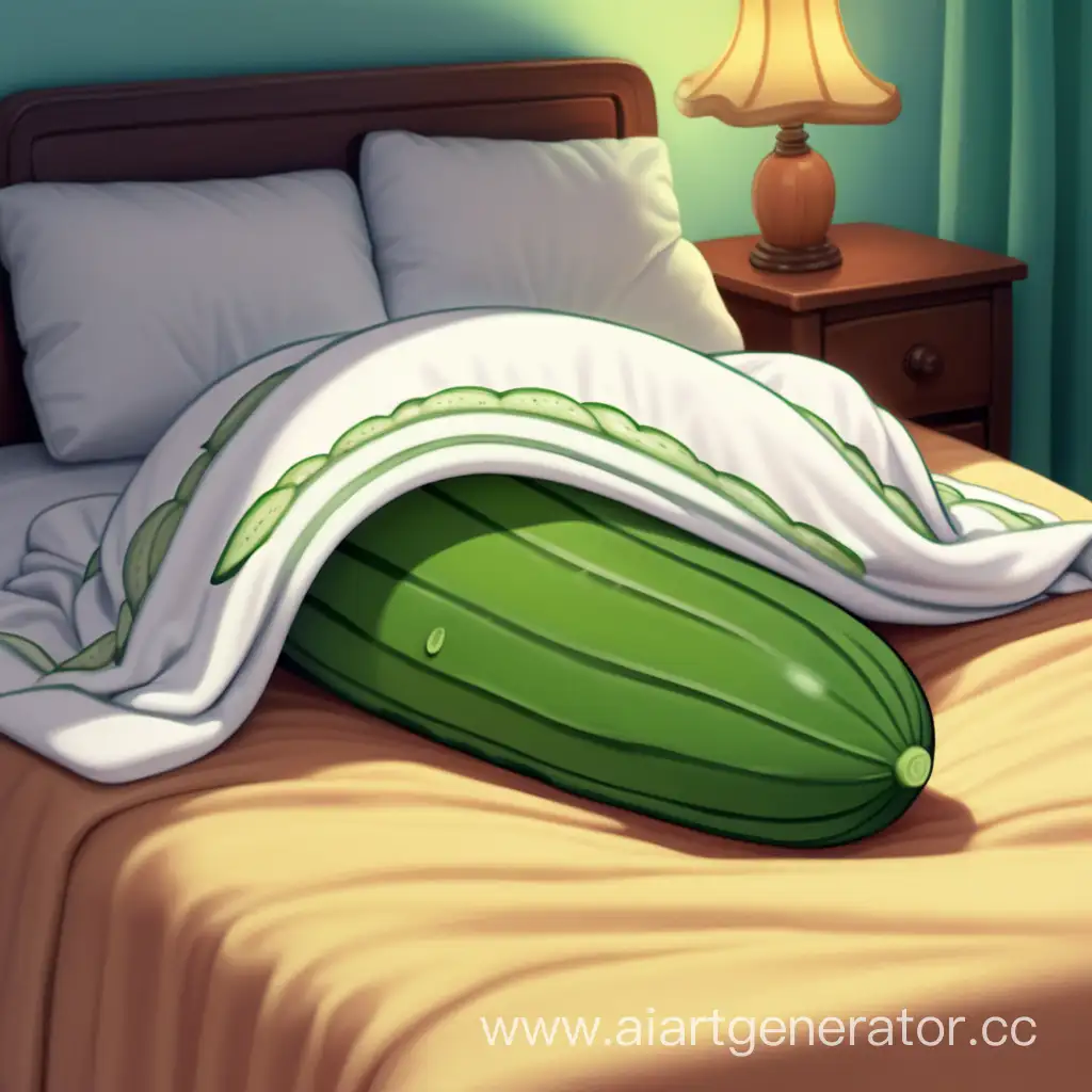 мультяшный человекоподобный огурец спит под одеялом