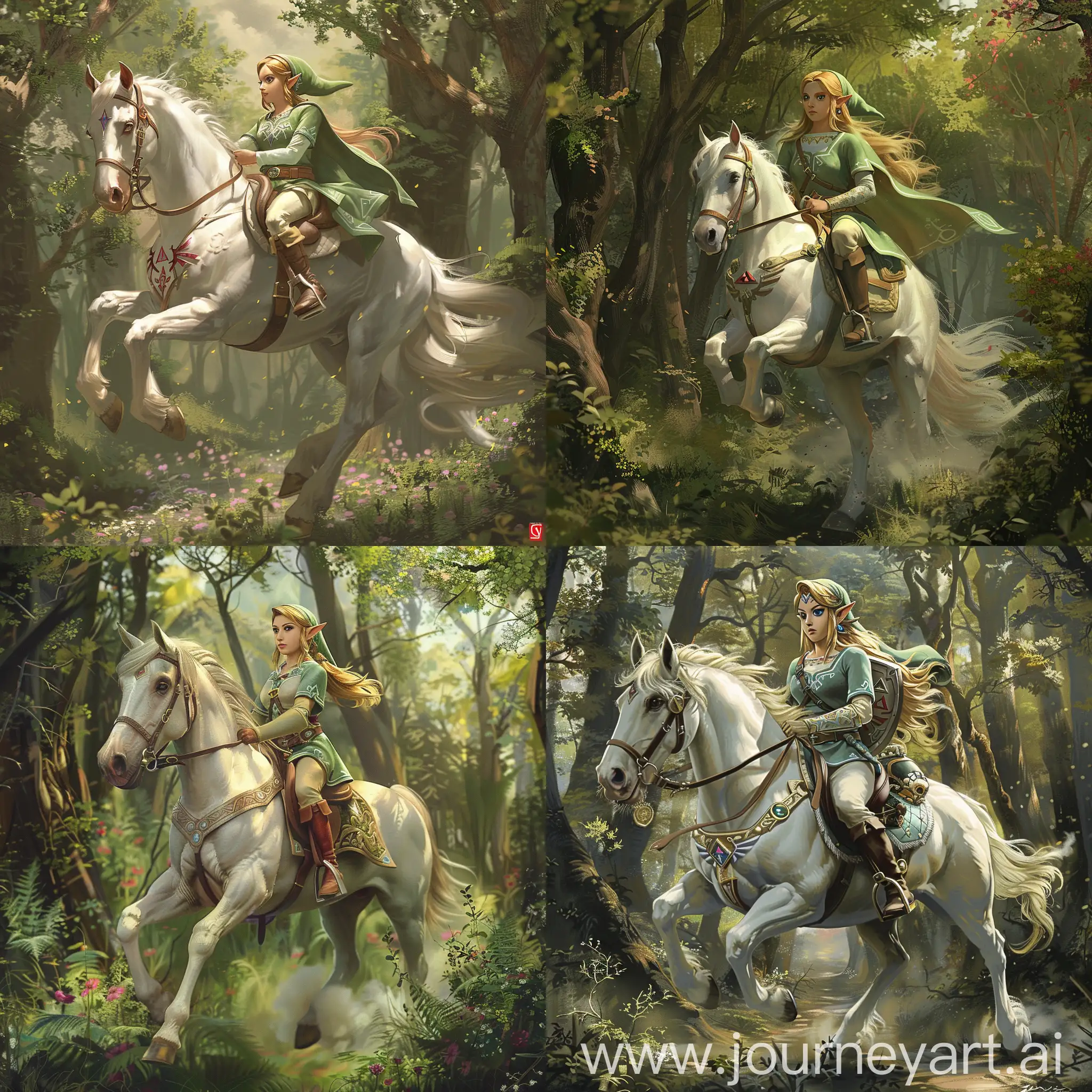塞尔达公主骑着白马在森林中，女性，游戏，精美CG，细节丰富，油画风格