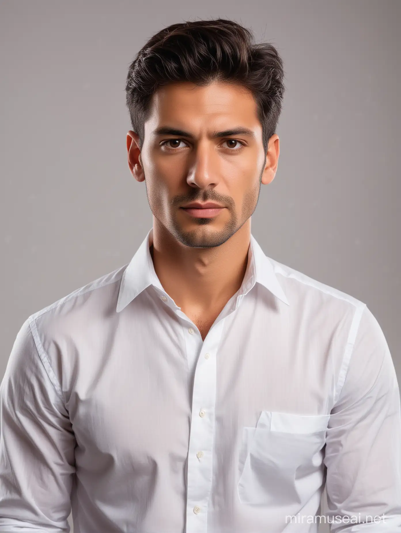 Latin American Man in White Shirt with Serious Expression