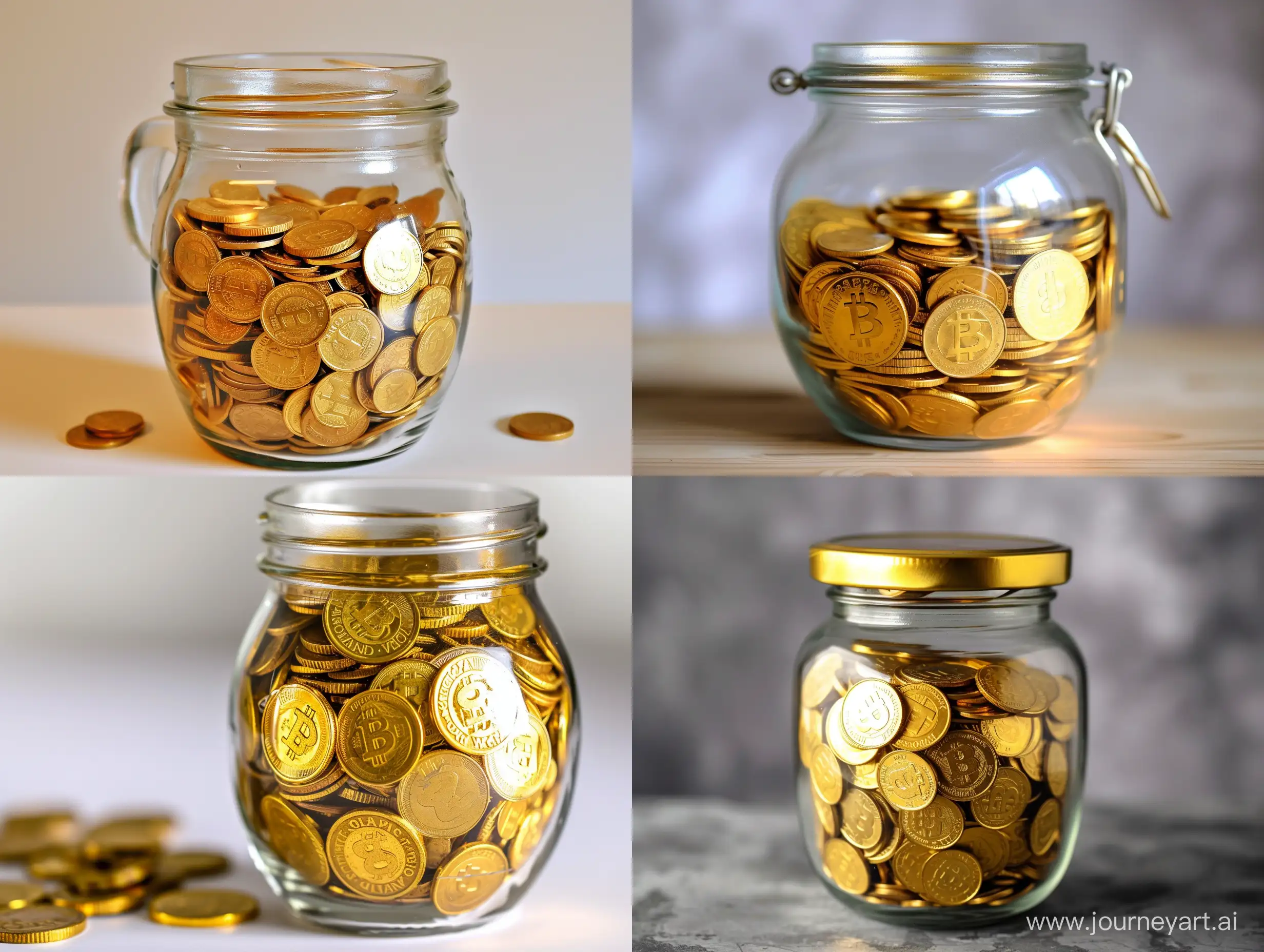 Glass money jar full of gold coins and idea