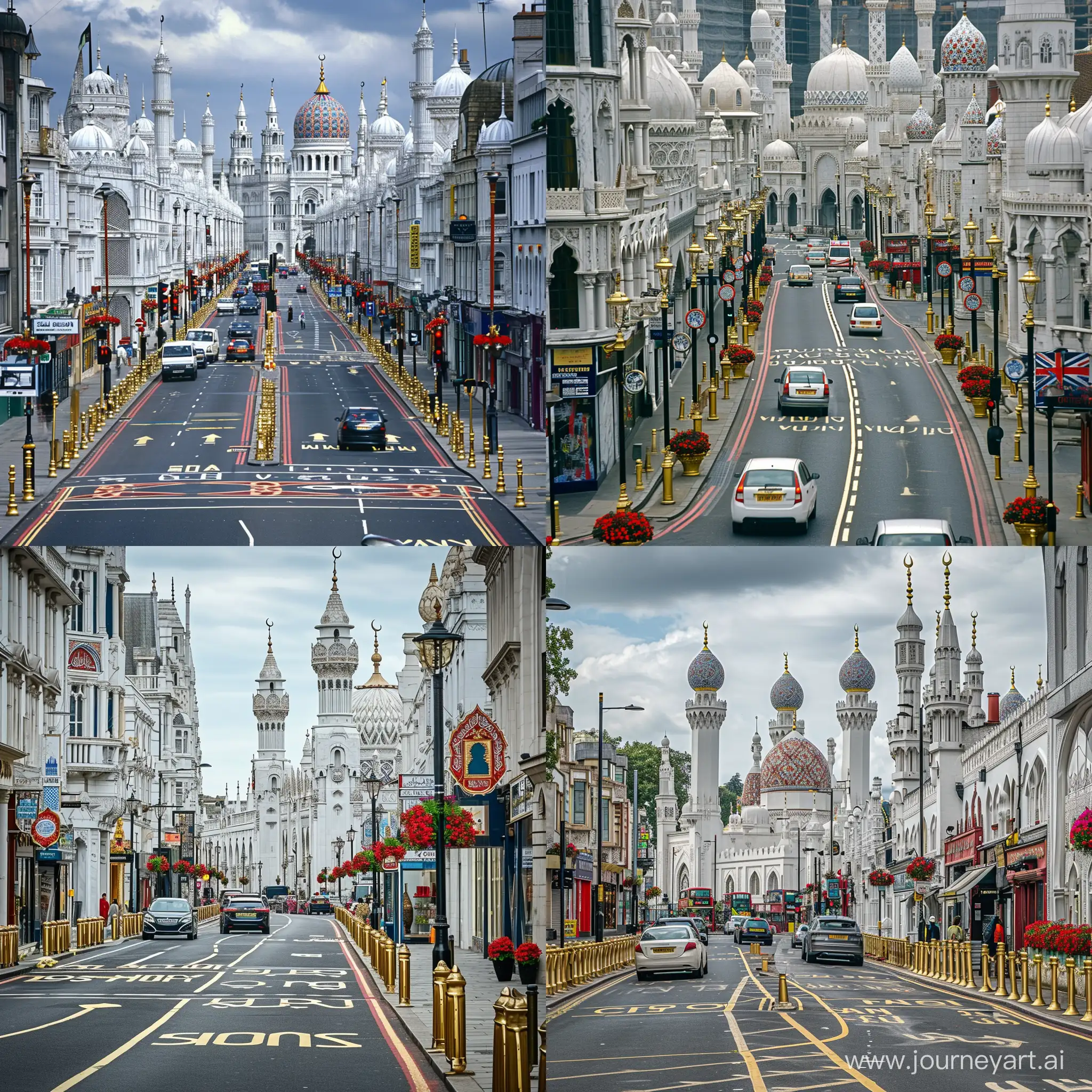 Photo: a London road of medieval islamic city, full of many white marbled Islamic architectures and mosques having red blue arabesque and persian tile floral motifs on facades, London styled road markings and busy traffic, golden bollarded sidewalks lined with shops and stores, islamic ornamented street lights, traffic signs, red green flowers --v 6