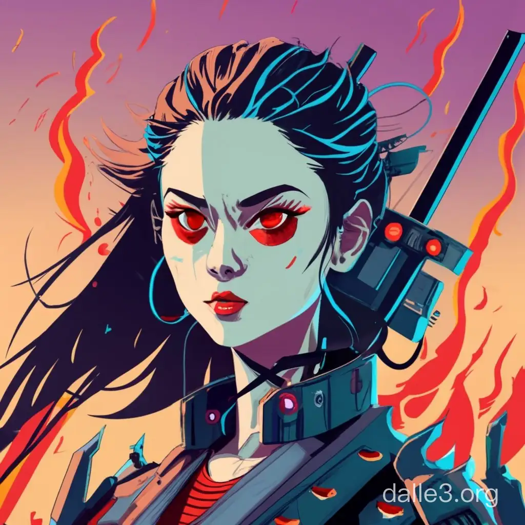 Une femme cyborg samurai en armure mecha noir, yeux rouge, flamme, style anime 90