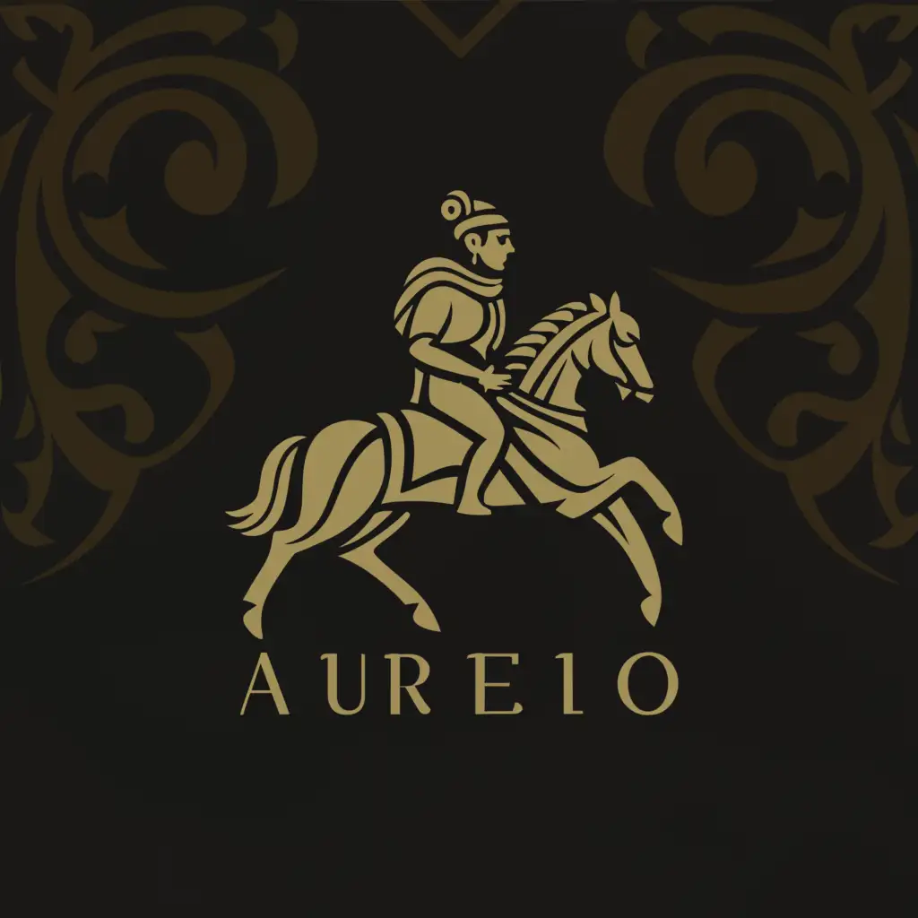 a logo design,with the text "Aurelio", main symbol:Roman Philosopher riding a horse,complex,clear background