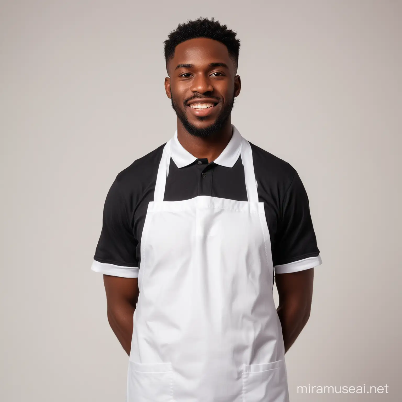 black man with withe apron and polo shirt, withe background
