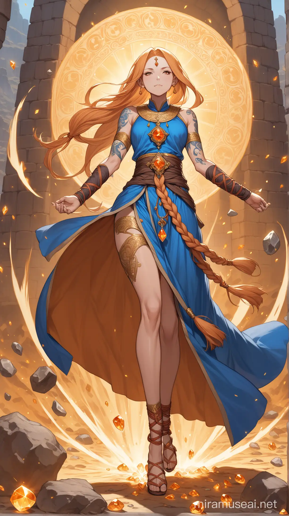 Dungeons and Dragons Character, a Female Monk on a battlefield, a Full Body image, with black tattoos on arms and thighs, covered in blue robes of monk with sunstone gems on the dress, Glistening Golden long hair open with thin braid hairstyle, wearing shoes with laces