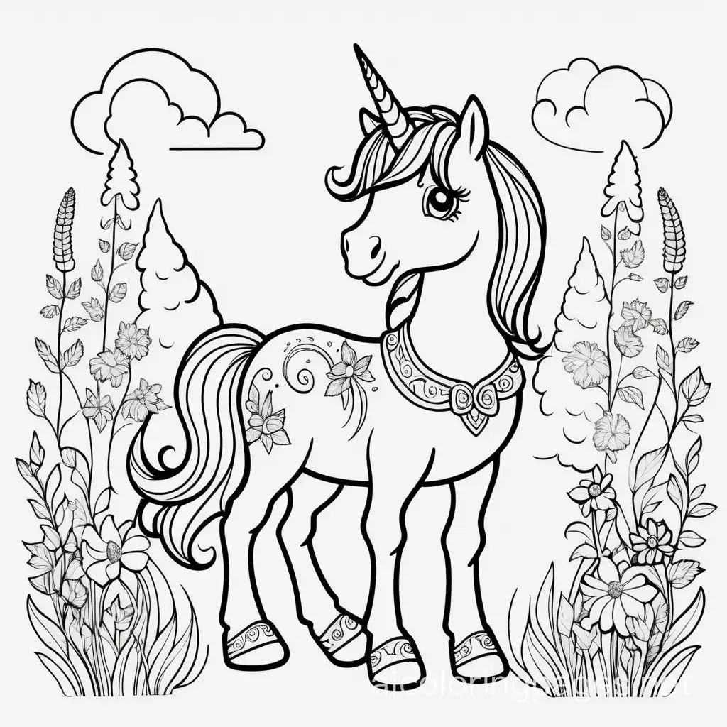 Cute full body mystic meadows unicorn , Coloring Page, black and white, line art, white background, Simplicity, Ample White Space. The background of the coloring page is plain white to make it easy for young children to color within the lines. The outlines of all the subjects are easy to distinguish, making it simple for kids to color without too much difficulty
