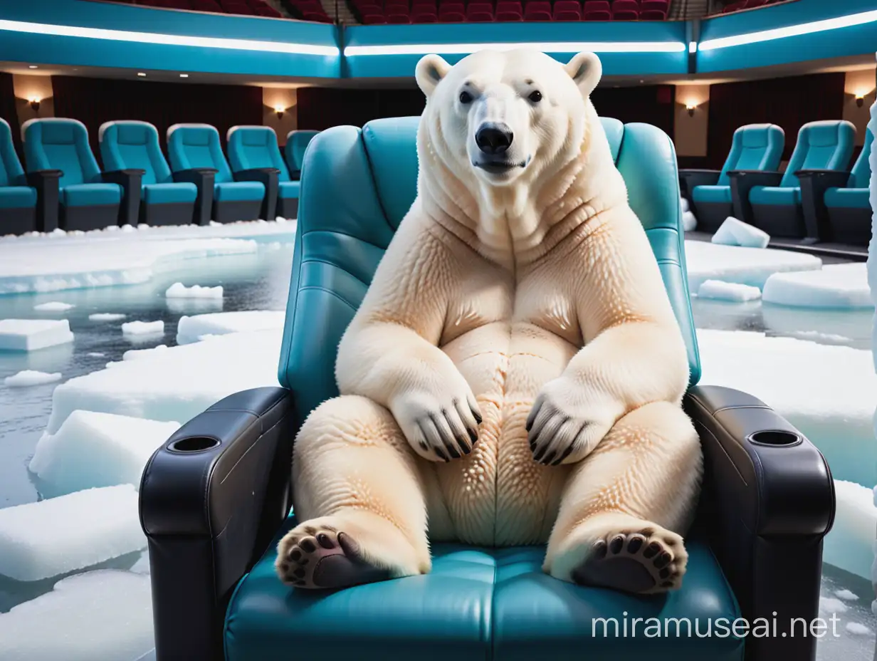 ours polaire assis sur un fauteuil de cinéma, sur la banquise
