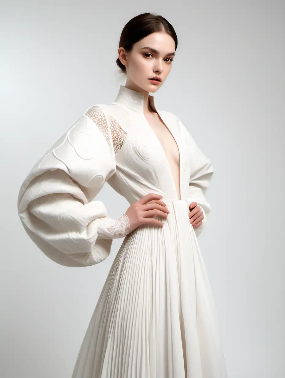 Futuristic Fashion Elegance 25YearOld Woman in Structured White Georgette Dress