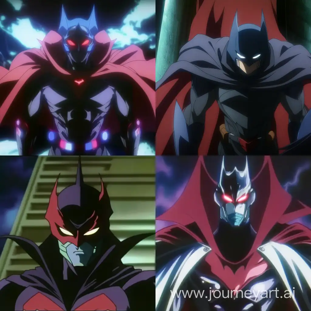 screenshot from 80s anime film, batman in a devil costume looking villain with devil appearance --niji 4 --ar 1:1 --no 50728
