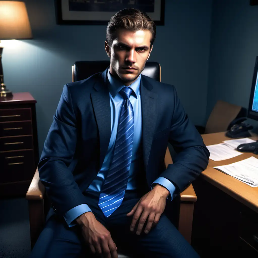 a male private investigator, dark suit, blue dress shirt, blue necktie, inside a private investigator office in the evening, sitting on a chair, full-body image, normal face features, heavy stubble, dark blonde hair, realistic