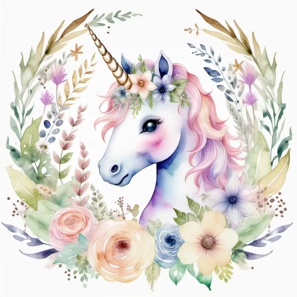 Generate a watercolor painting of a cute baby boho-style unicorn in pastel colors surrounded by flowers and other botanical elements suitable for a child's nursery.
