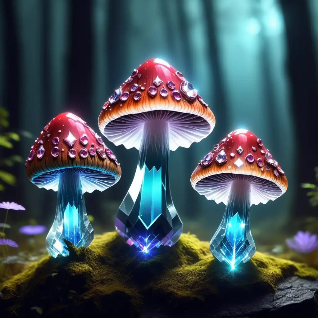 3 cute fantasy magical musrooms made from crystal