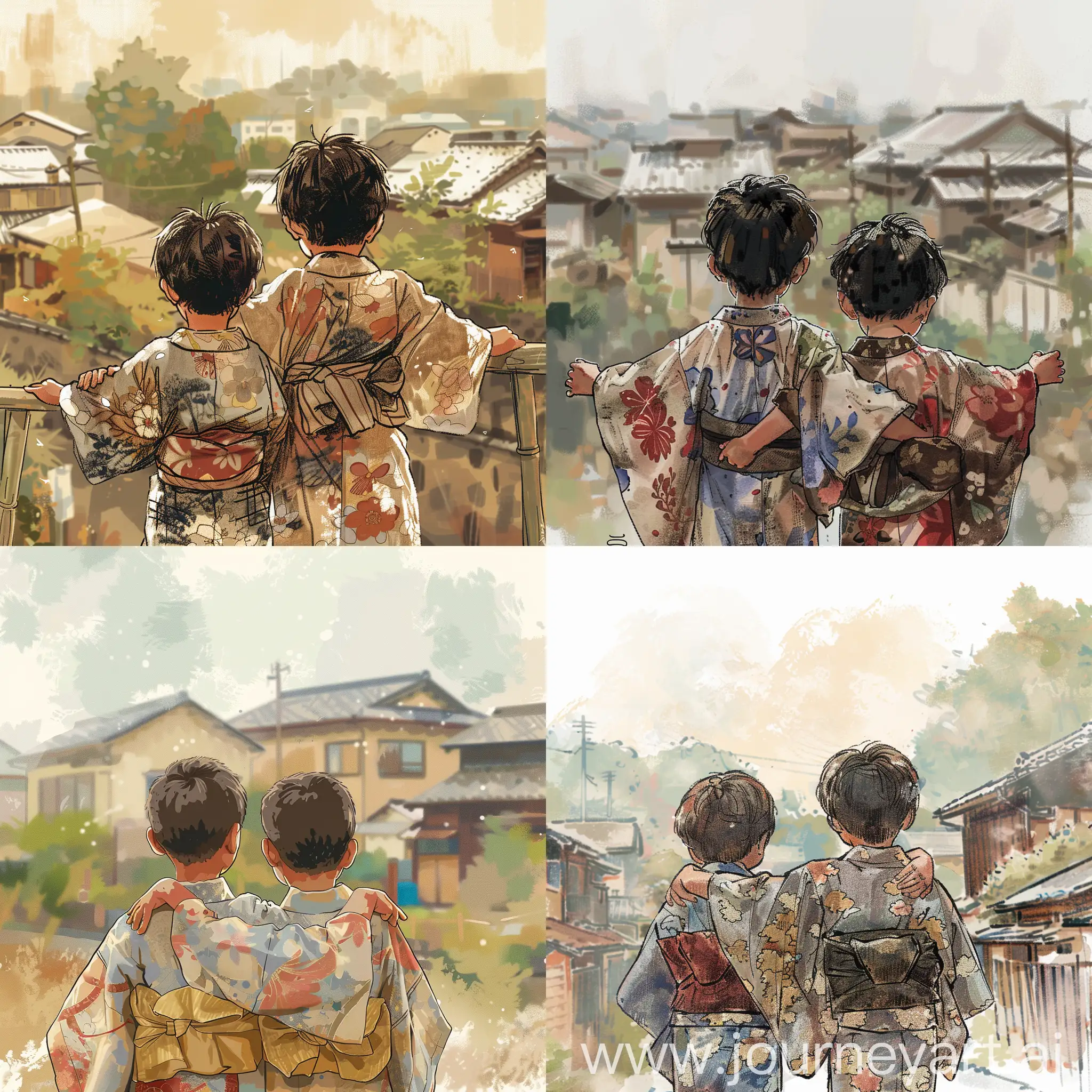 Two boys Japanese children in worn kimonos looking ahead ((put arms around each other's shoulders)) (zoom in). Illustrated stories Japan and Japan has a rich tradition of storytelling, and we'll explore the world of manga, Japanese comic books, and whimsical illustrations. Create a collaborative story that incorporates elements of these artistic styles. Background Japanese rural neighborhood blur

