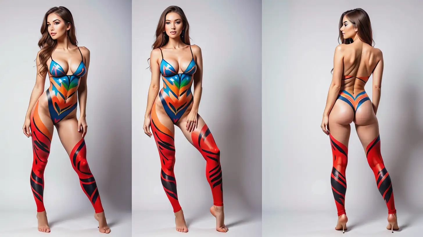 Beautiful woman, 25 years old, at a photoshoot, split screen front, side, behind profile. wearing revealing body paint. Posing. Cleavage. Full Body. Ass. Athletic.