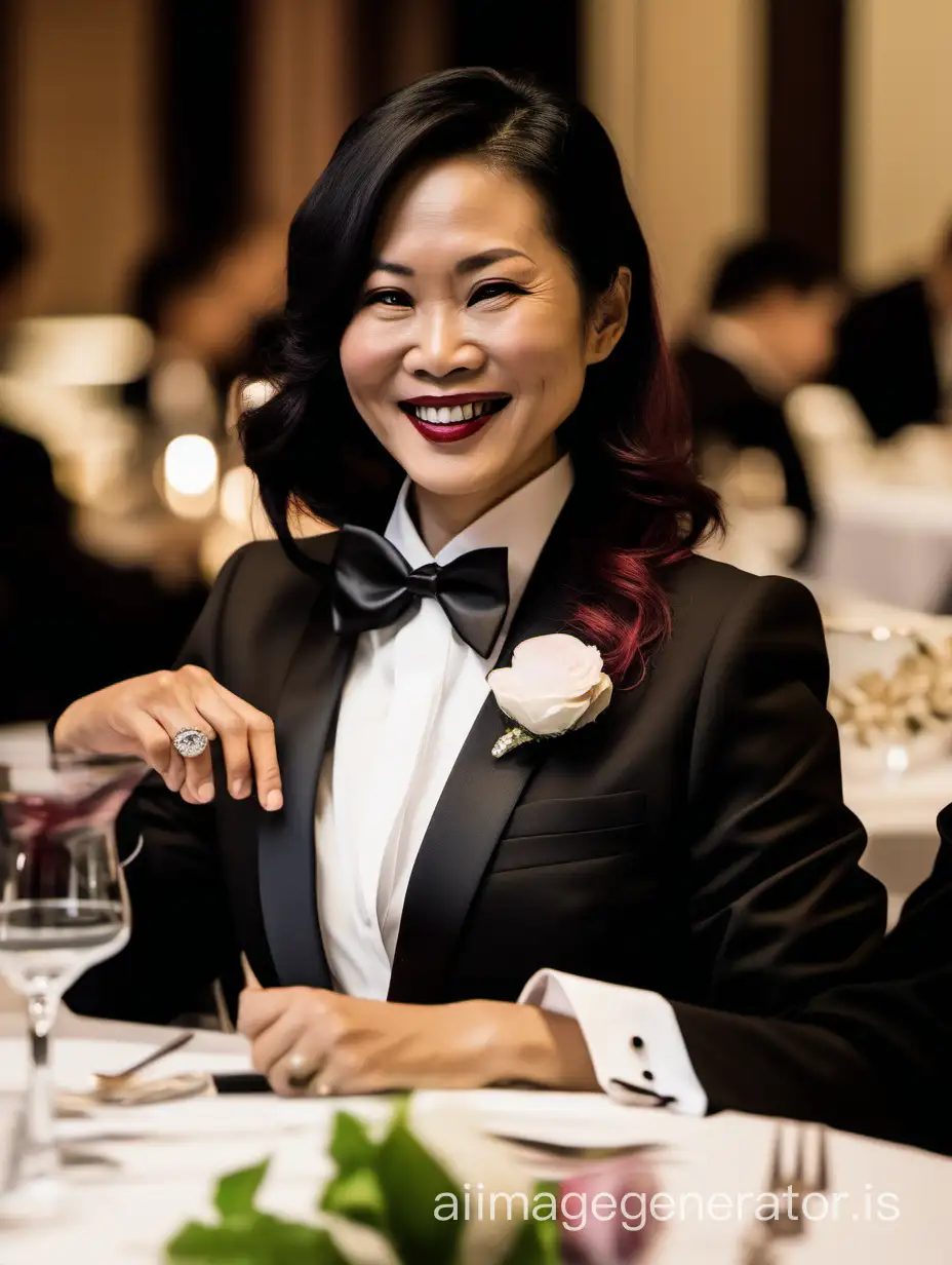 40 year old smiling Vietnamese woman with shoulder length hair and lipstick wearing a tuxedo with a black bow tie.  Her shirt cuffs have cufflinks.  Her jacket has a corsage. She is at a dinner table.
