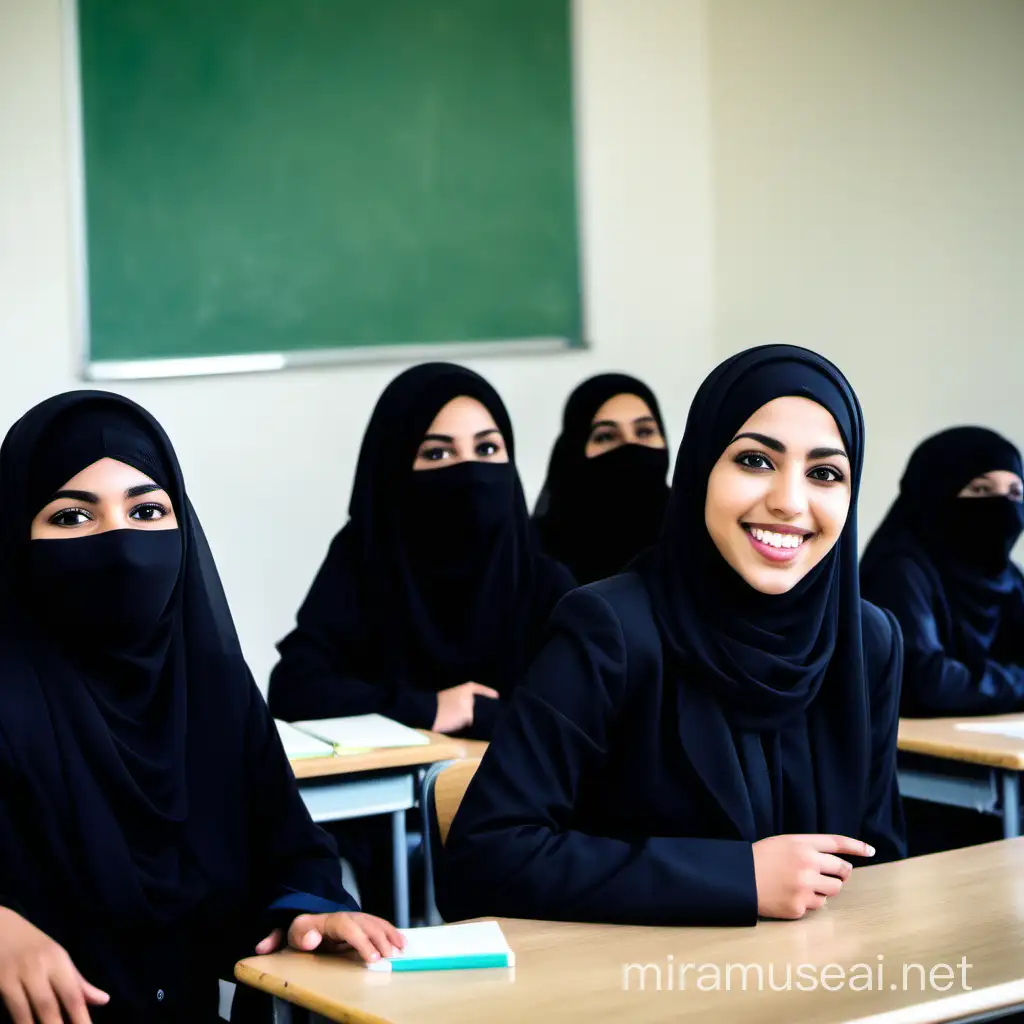 Cheerful Female Teacher with Veiled Muslim Students in Classroom