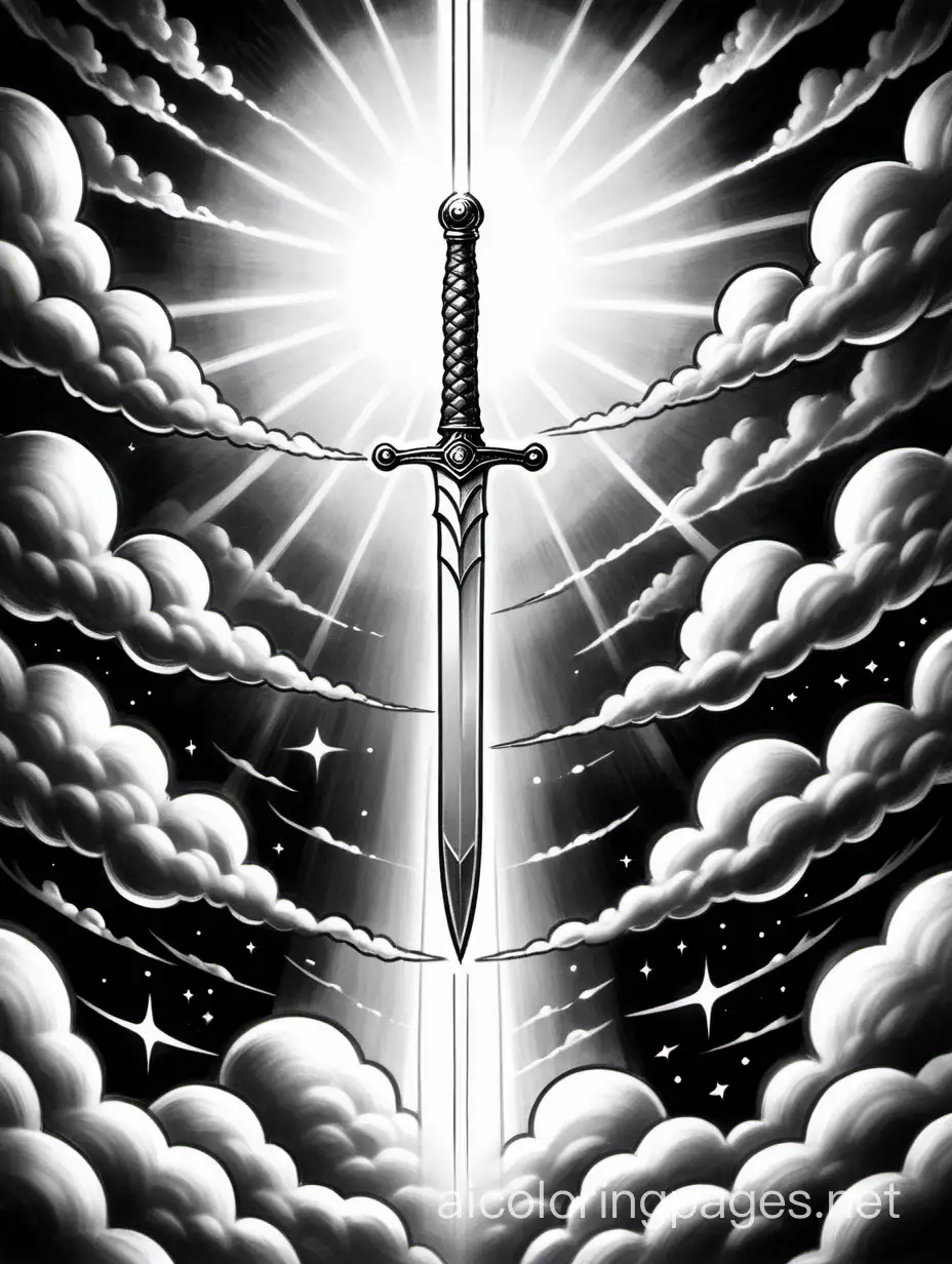 ((black and white sketch)) a sword emitting bright light in all directions, in the middle of a gloomy dark sky with large black clouds, Coloring Page, black and white, line art, white background, Simplicity, Ample White Space. The background of the coloring page is plain white to make it easy for young children to color within the lines. The outlines of all the subjects are easy to distinguish, making it simple for kids to color without too much difficulty
