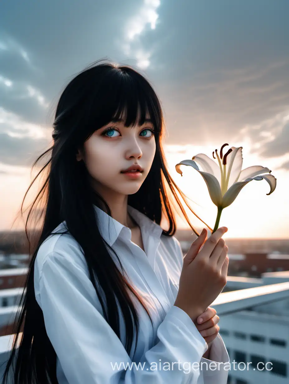 Childlike-Girl-on-Hospital-Rooftop-Holding-White-Lily-Flower