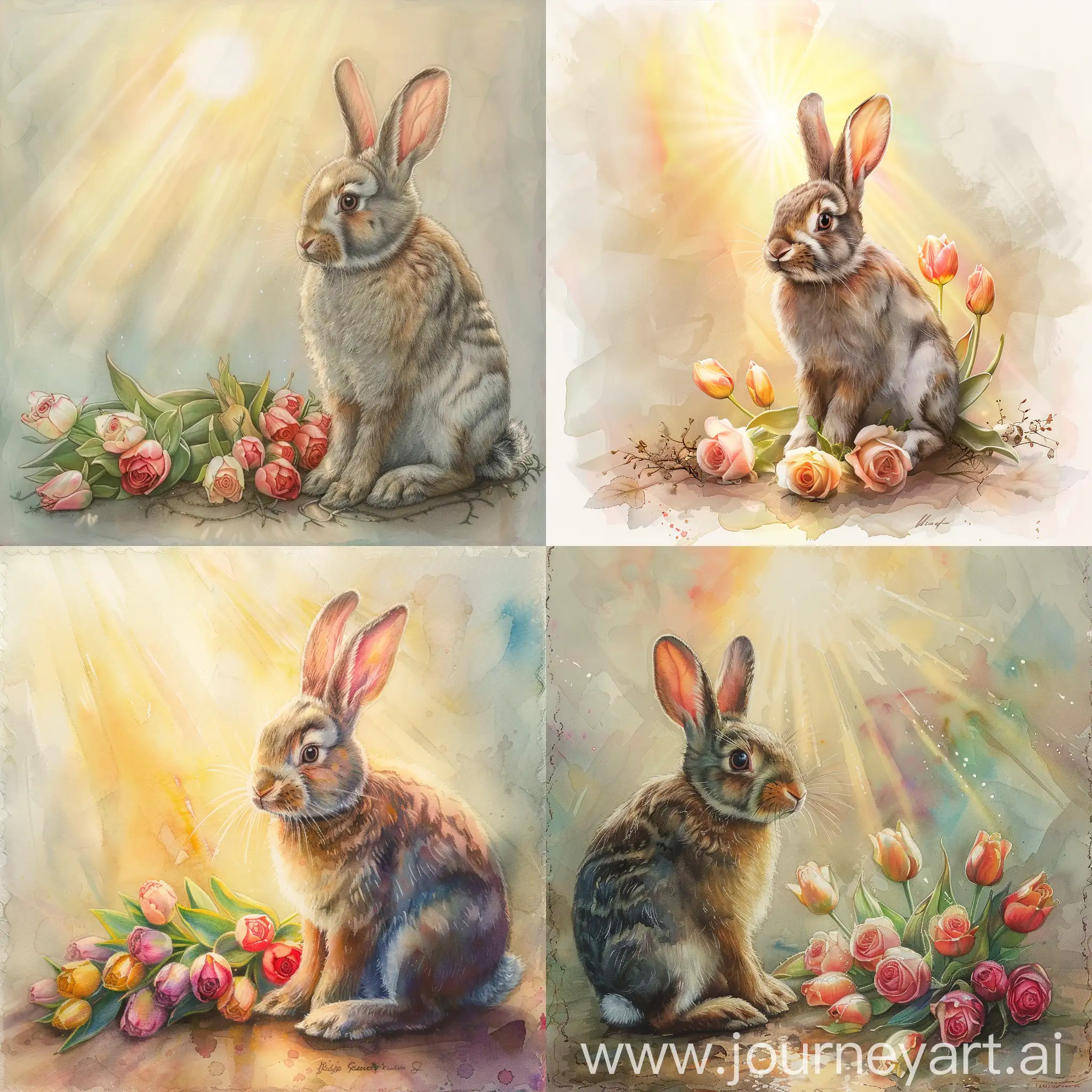 Serene-Rabbit-Amidst-Roses-and-Tulips-in-Watercolor-Glow