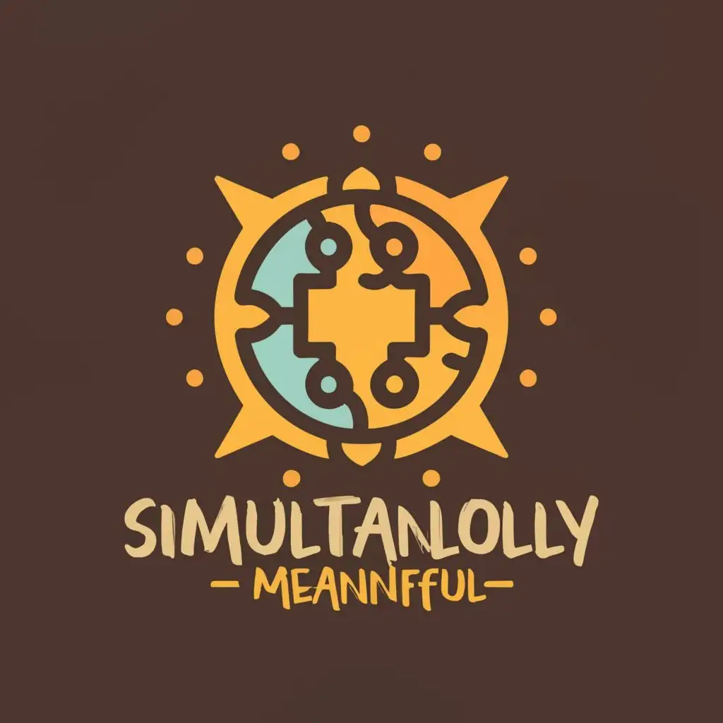 logo, sun, puzzle, with the text "Simultaneously Meaningful", . the colour is brown, blue, and yellow
typography, be used in Education industry