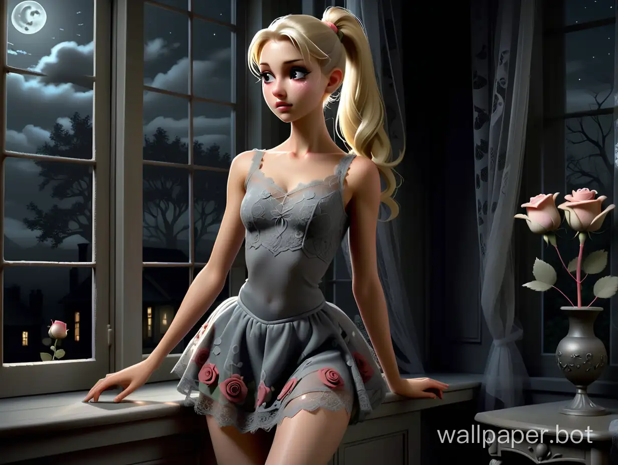 Delicate makeup, blonde beauty with ponytail, light eyes, slim body and medium breasts, wearing a beautiful gray lace dress with a short skirt and rose designs, with ballet slippers, in solitude in the darkness of the night, with the moonlight coming through a large window from the dark living room, illuminated her entire body and her angelic face